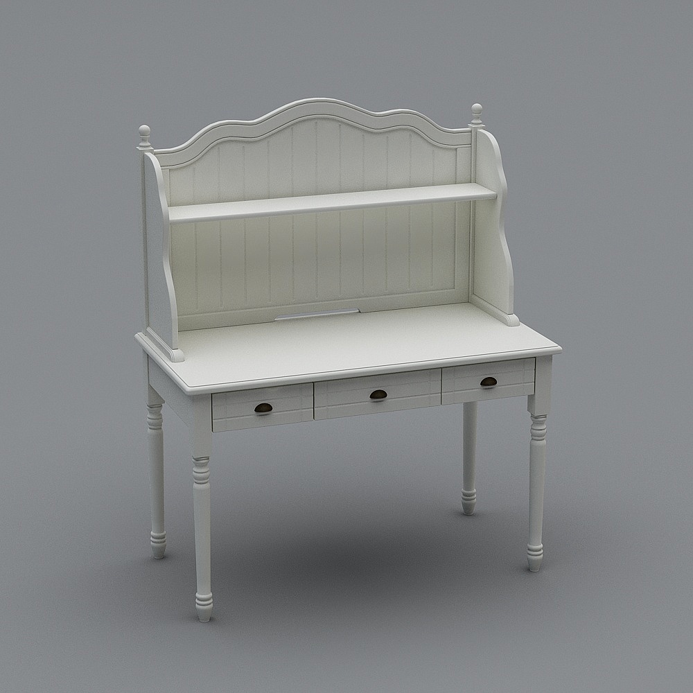 Classic white wooden writing desk with three drawers and shelf on grey background
