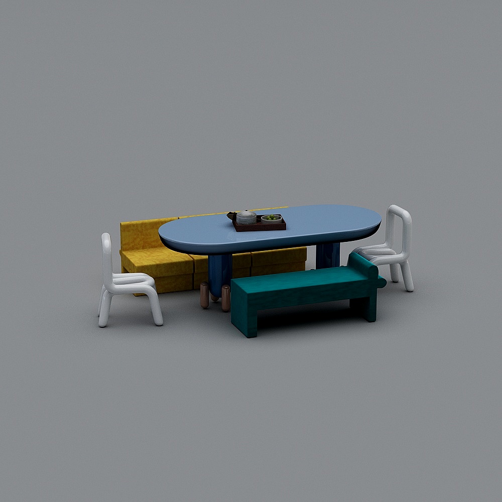 Modern dining set with blue oval table yellow sofa and green bench on grey background