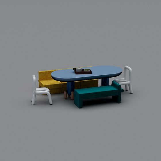 Modern dining set with blue oval table yellow sofa and green bench on grey background