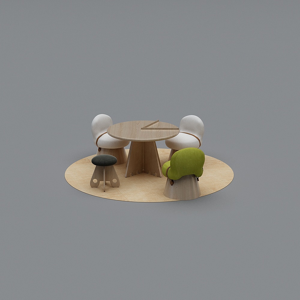 Modern round wooden table with white and green chairs on grey background