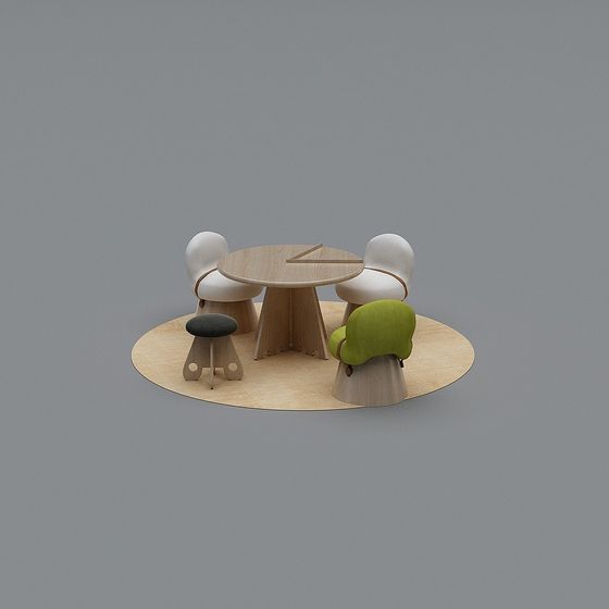 Modern round wooden table with white and green chairs on grey background