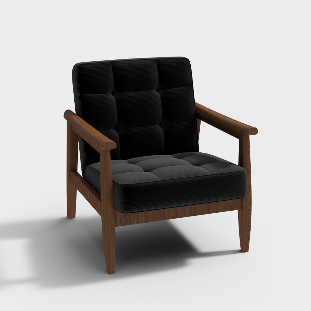 Modern black fabric armchair with wooden frame and tufted cushions on white background