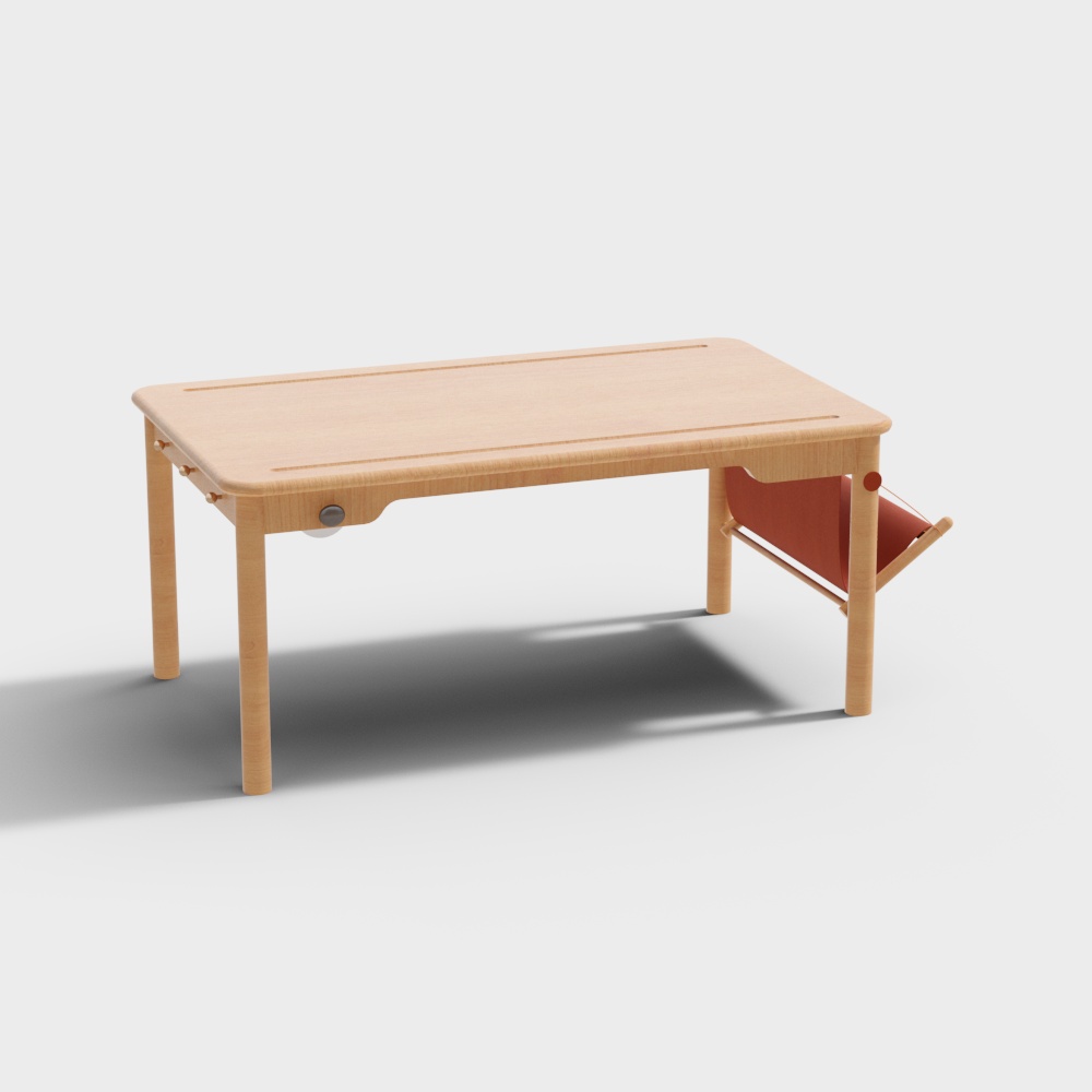 Modern light wood coffee table with orange fabric storage pocket on white background