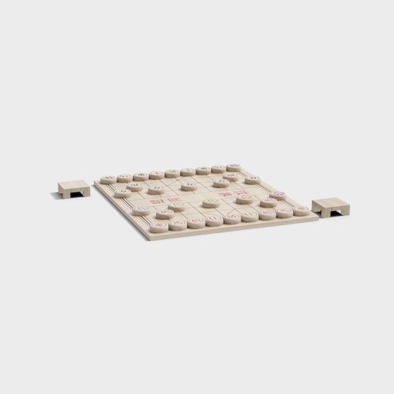 Traditional wooden Chinese chess board with round pieces and storage boxes on grey background