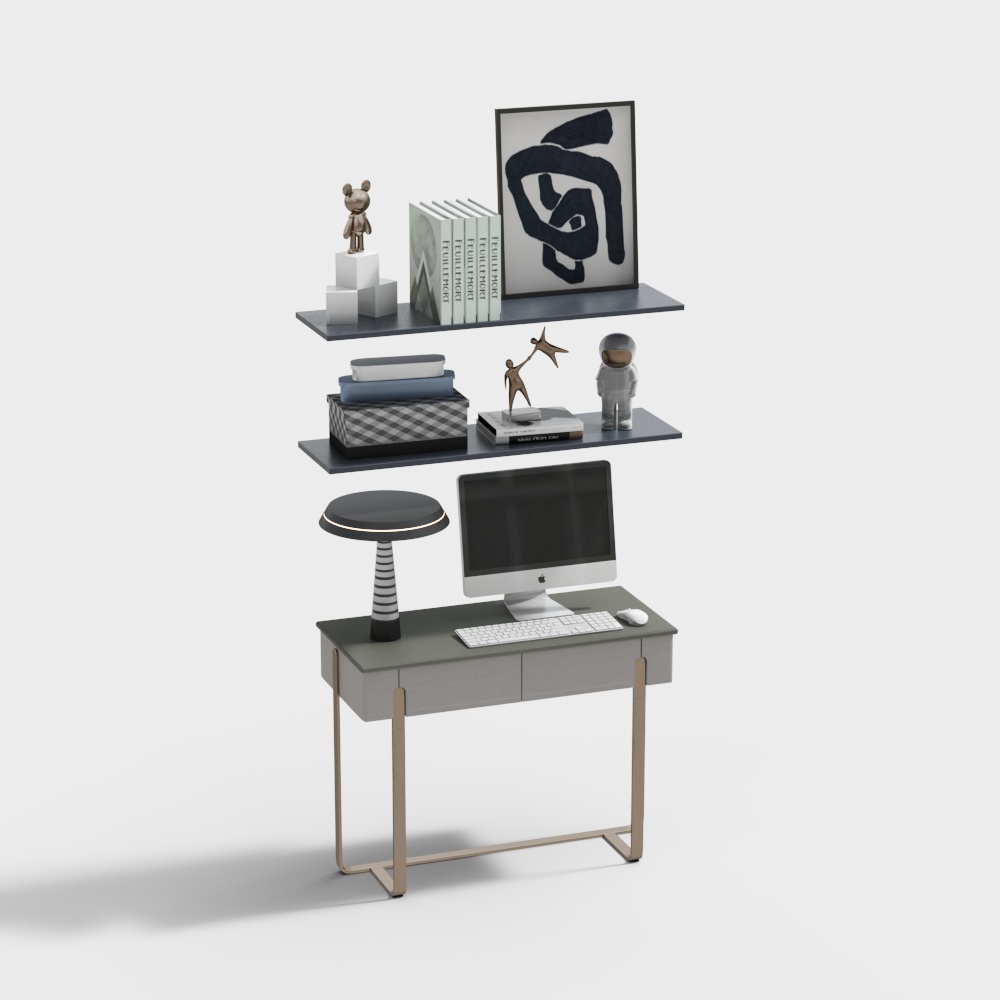 Modern grey desk with gold legs and two shelves on white background