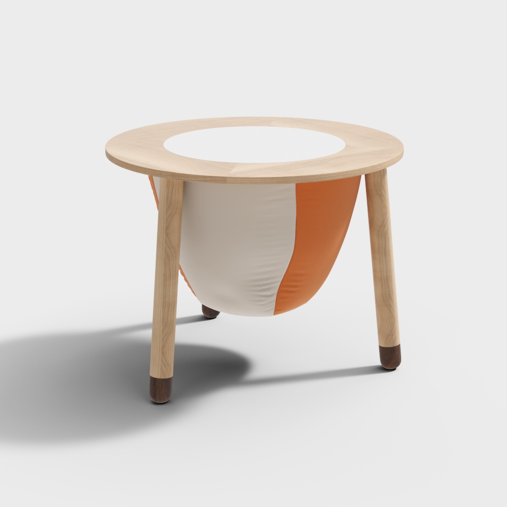 Modern round side table with light wood top and orange fabric basket on white background