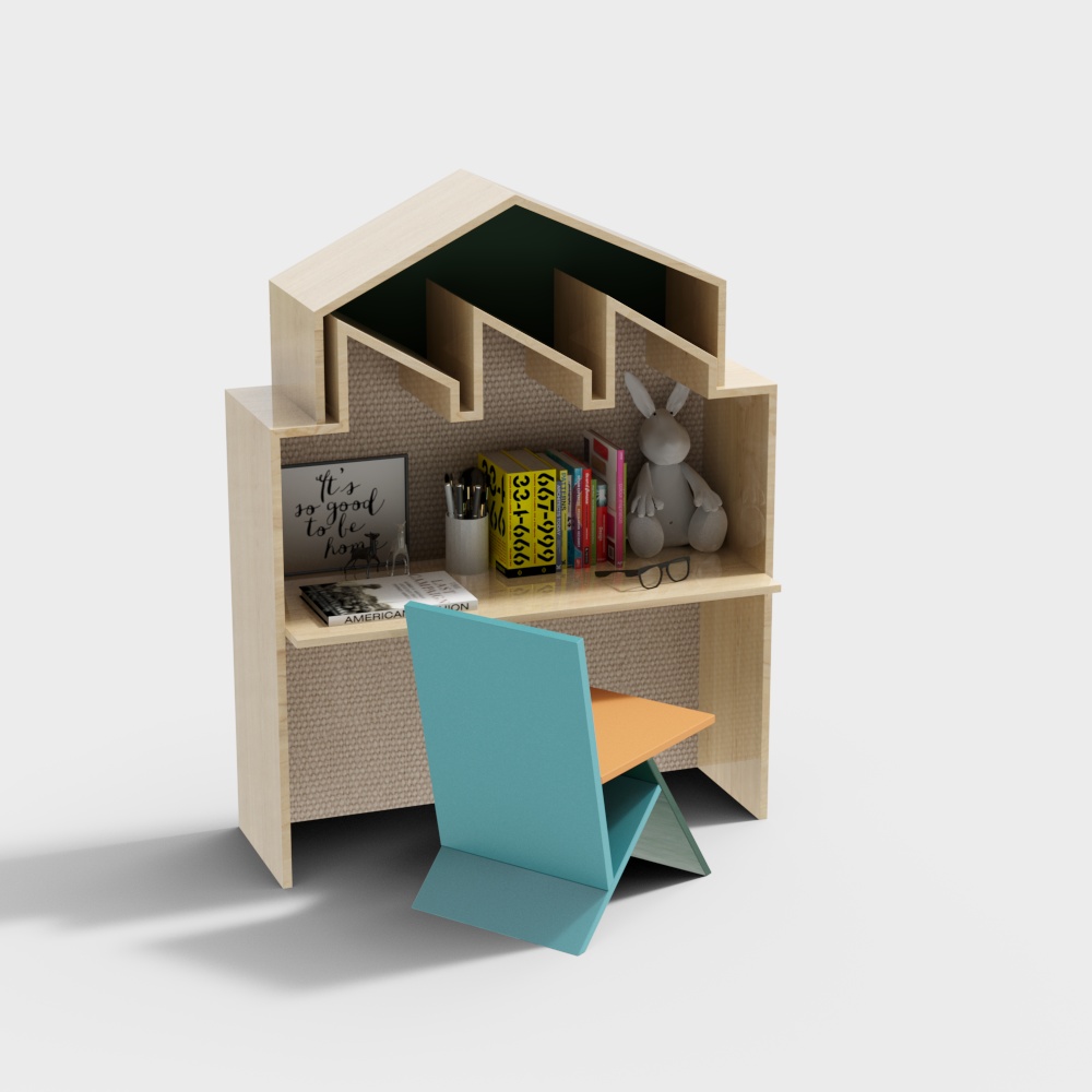 Light wood house shaped desk with blue chair and books on white background