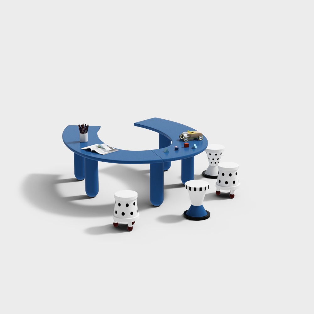 Curved Table and Chair Set 3D Model – Low-Poly Modern Design