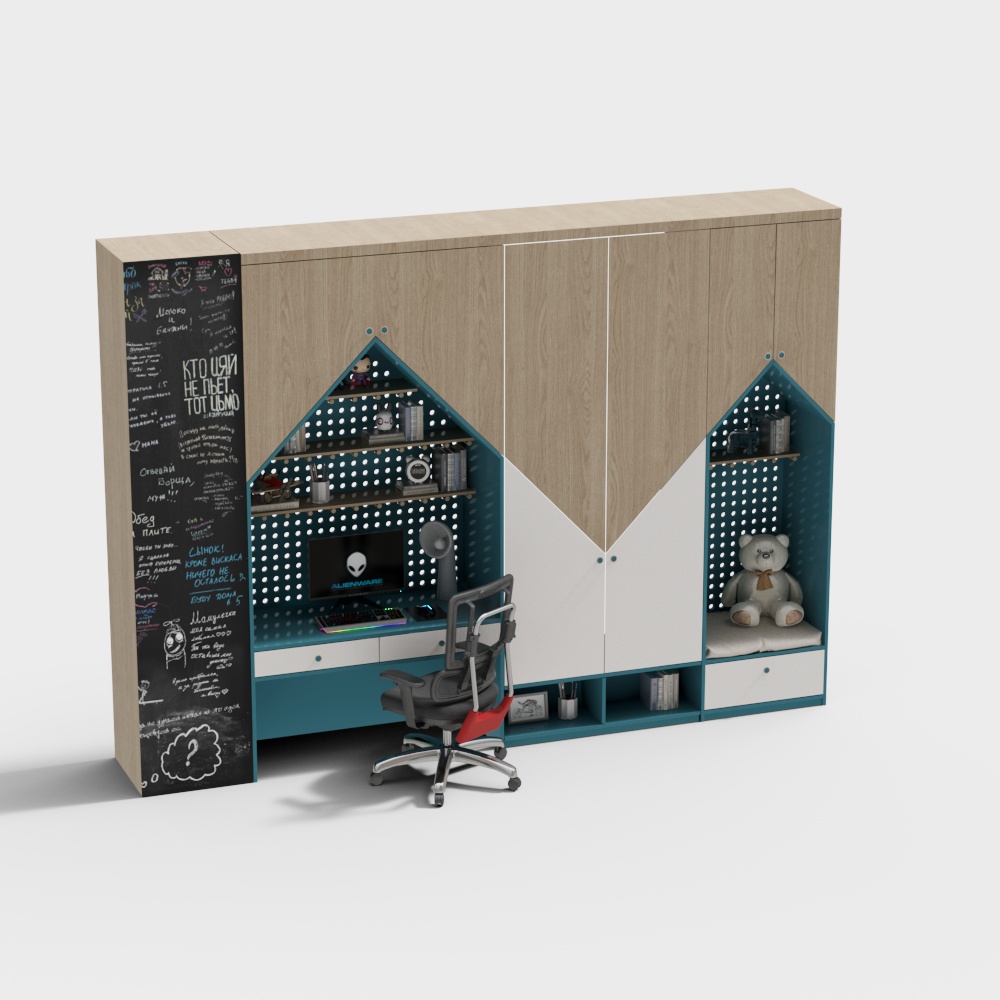 Creative Student Study Room 3D Model – Modern Wood & Blue