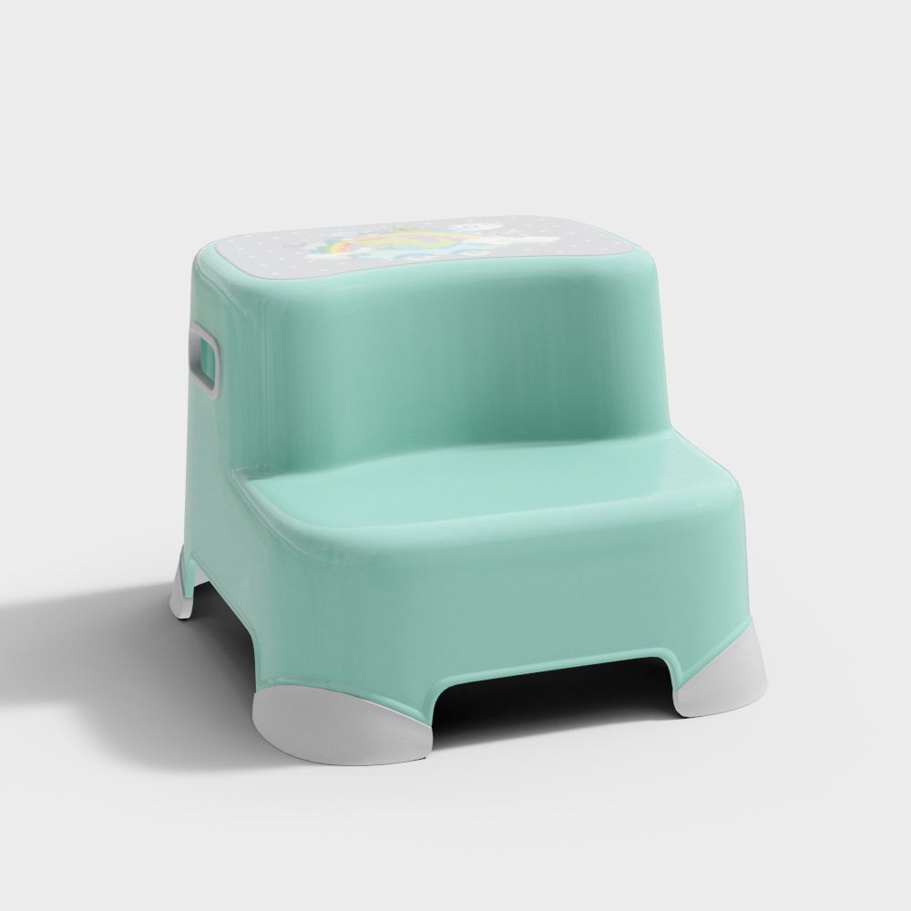Mint green plastic step stool with white feet and cartoon print on white background
