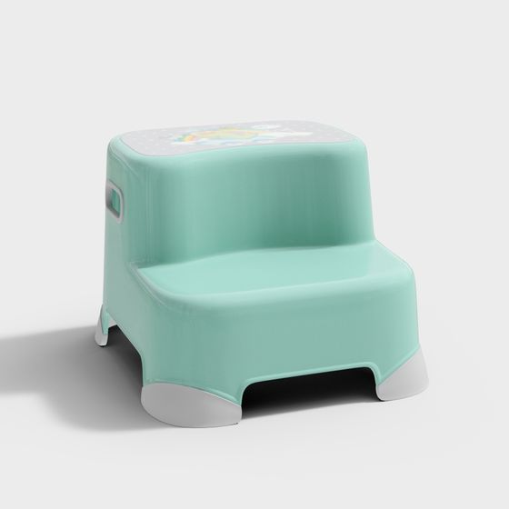 Mint green plastic step stool with white feet and cartoon print on white background