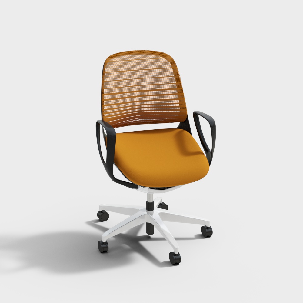 Modern orange mesh office chair with black arms and white base on grey background