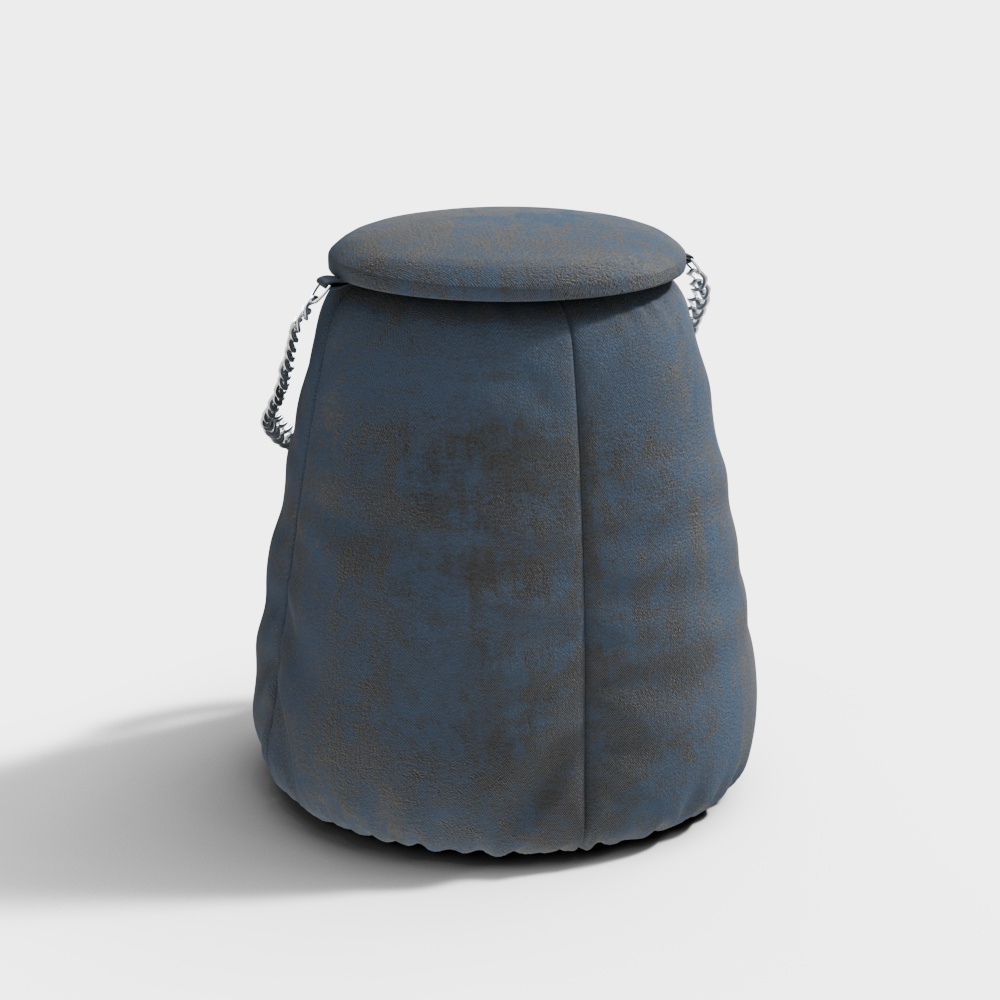Round blue fabric footrest with silver rope handles and textured finish on white background