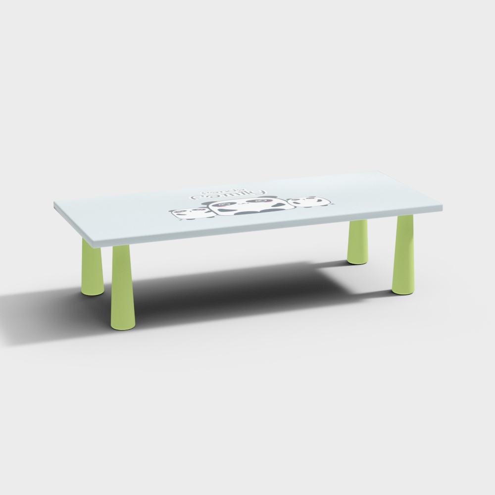 Children's rectangular table with white top and green legs on grey background