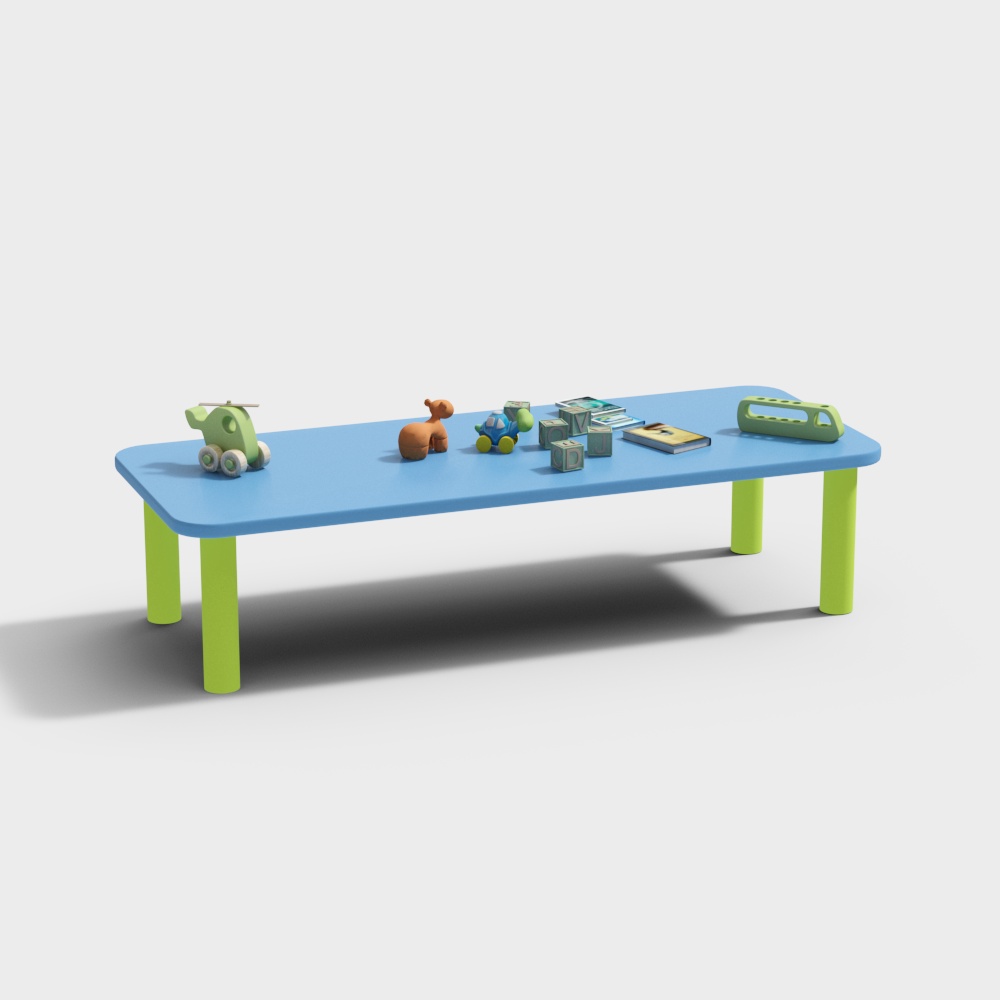 Long blue plastic table with green legs and colorful toys on white background