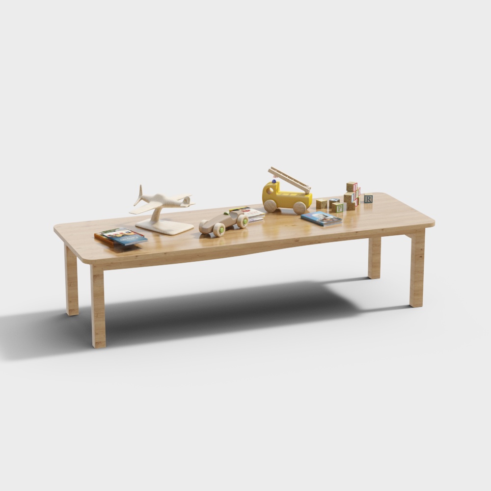 Light wood rectangular kids table with toys and books on white background