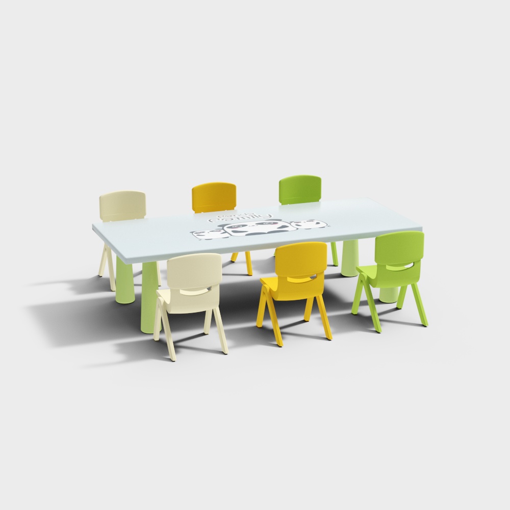 Children's rectangular table with six colorful plastic chairs on grey background