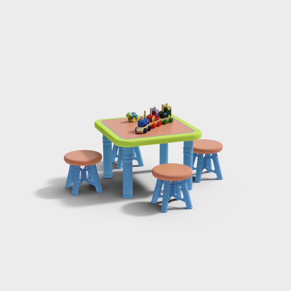 Kids table and stools set with toys on white background