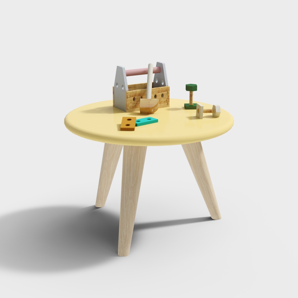 Yellow round kids table with wooden legs and toy tools on grey background