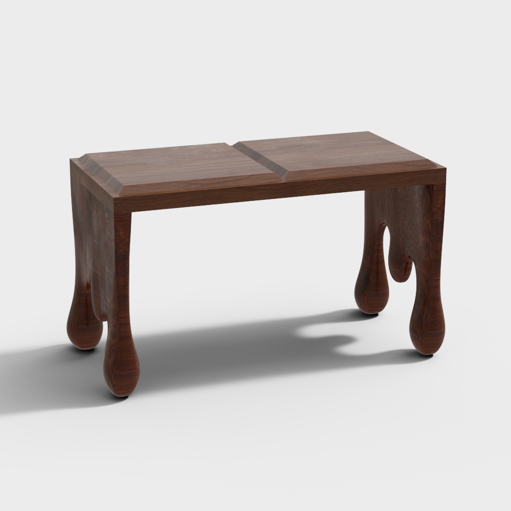 Modern dark brown wooden console table with unique curved legs and split top on grey background