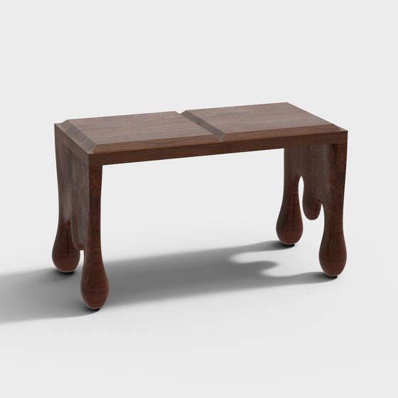 Modern dark brown wooden console table with unique curved legs and split top on grey background