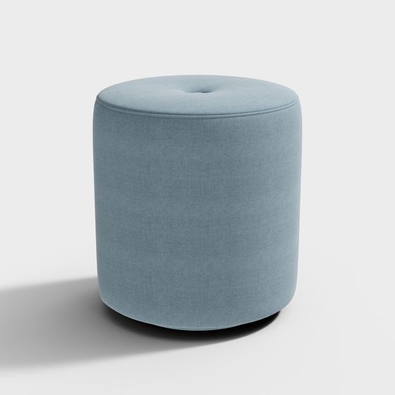Round blue fabric footrest with button tufted top and soft texture on white background