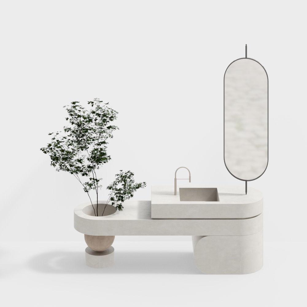 Minimalist Bathroom Cabinet 3D Model – Concrete & Wood