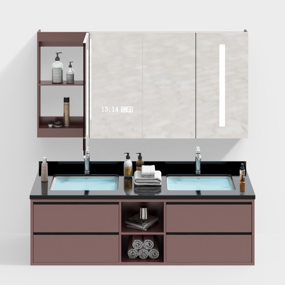 Modern mauve double sink bathroom vanity with black top and mirror cabinet on white background