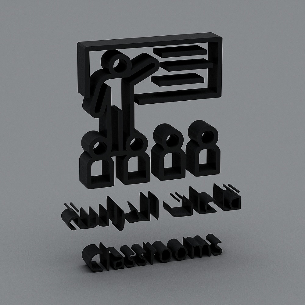 Black classroom icon with teacher students desks and text on grey background