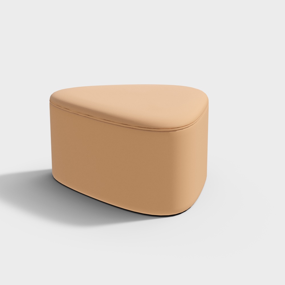 Modern beige fabric footrest with triangular shape and rounded edges on white background