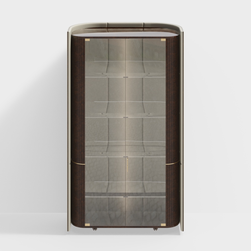 Curved dark wood display cabinet with glass doors and gold accents on white background