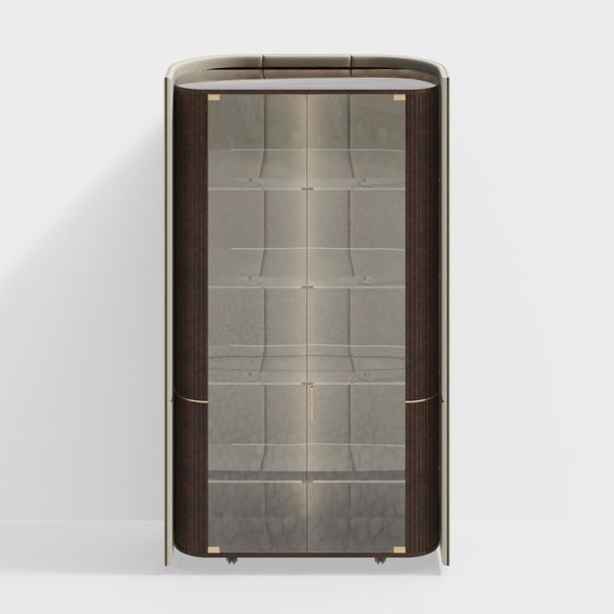 Curved dark wood display cabinet with glass doors and gold accents on white background