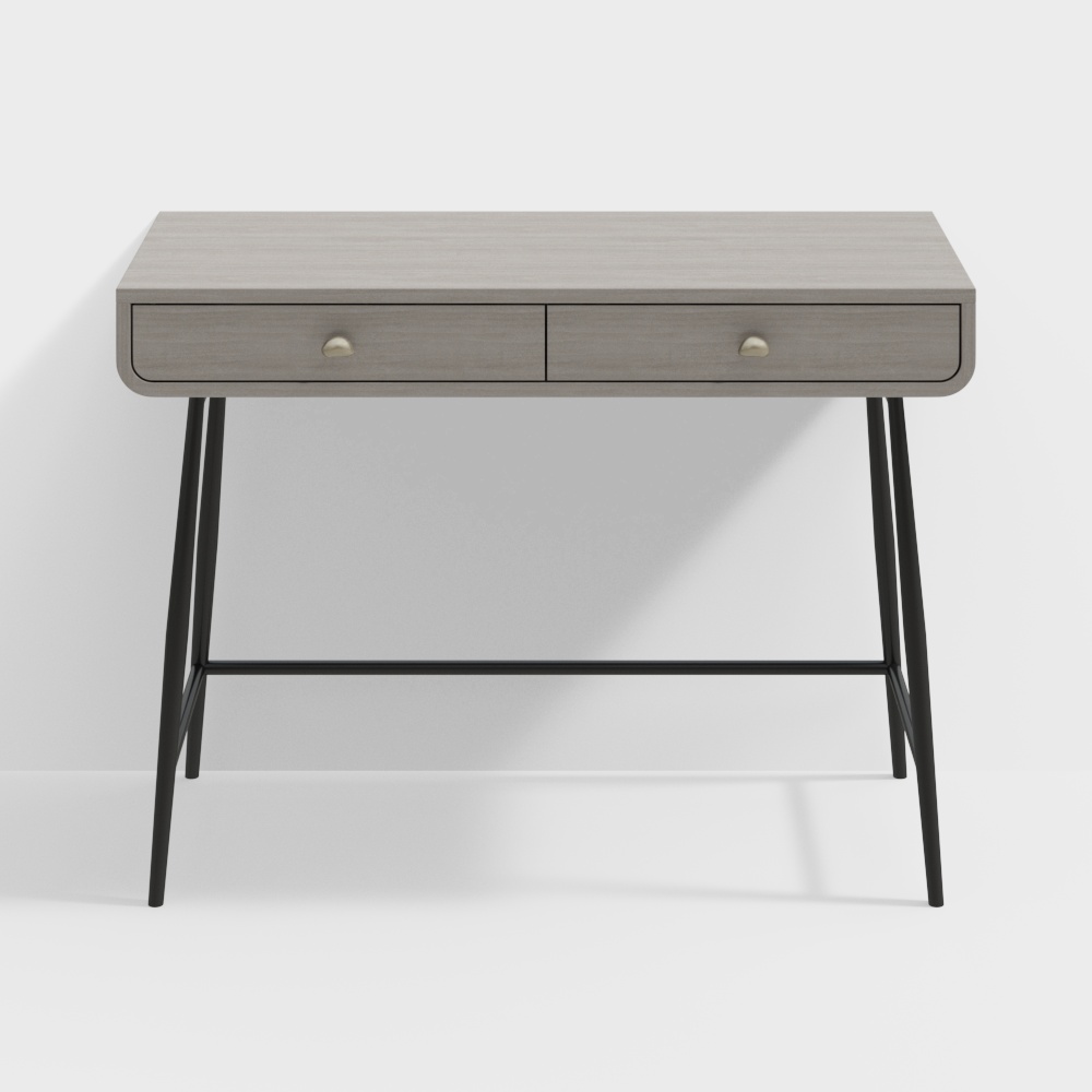 Modern grey wood console table with two drawers and black metal legs on white background