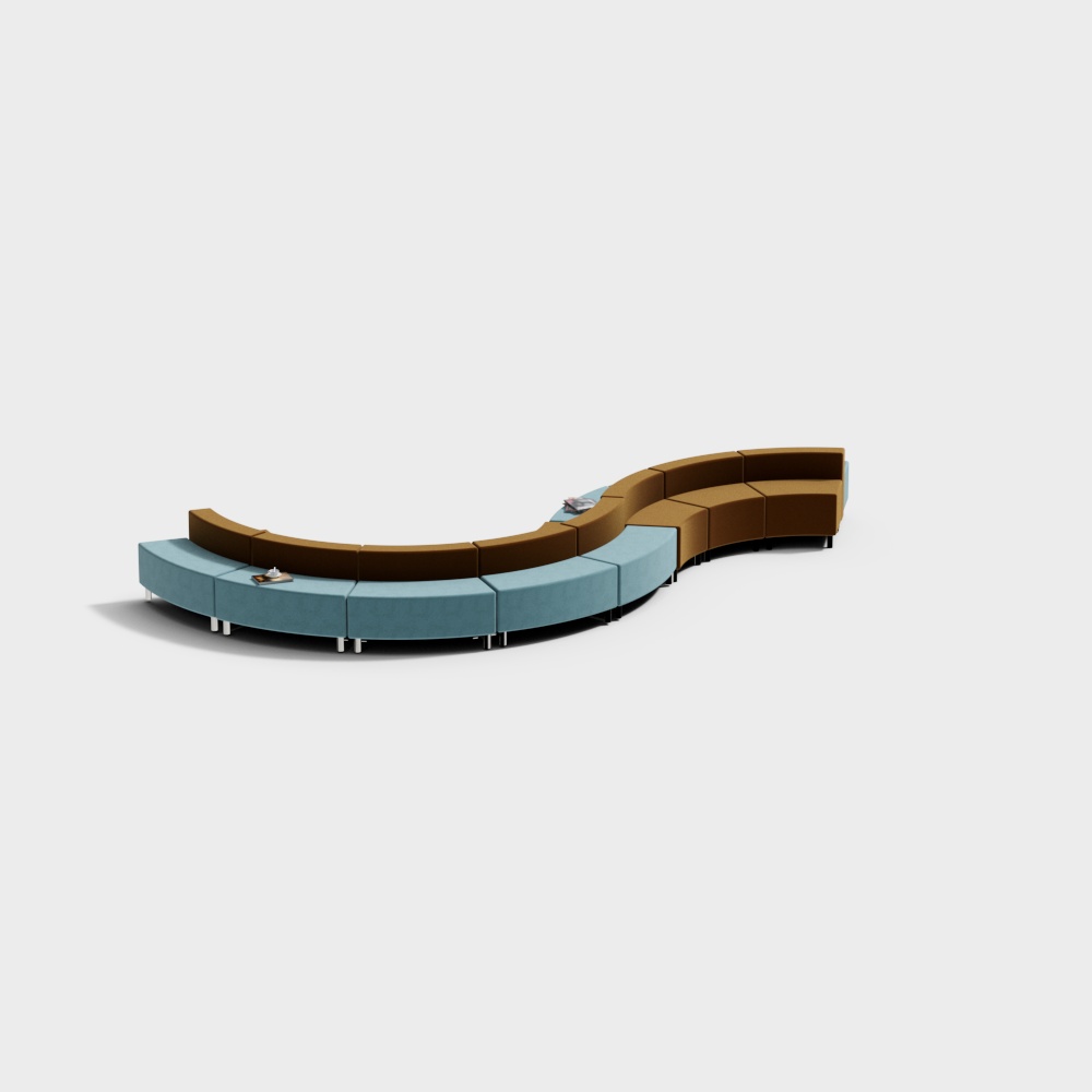 Curved modular sofa with blue and brown fabric on white background