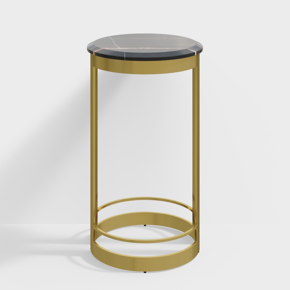Modern round side table with black marble top and gold metal frame on white background