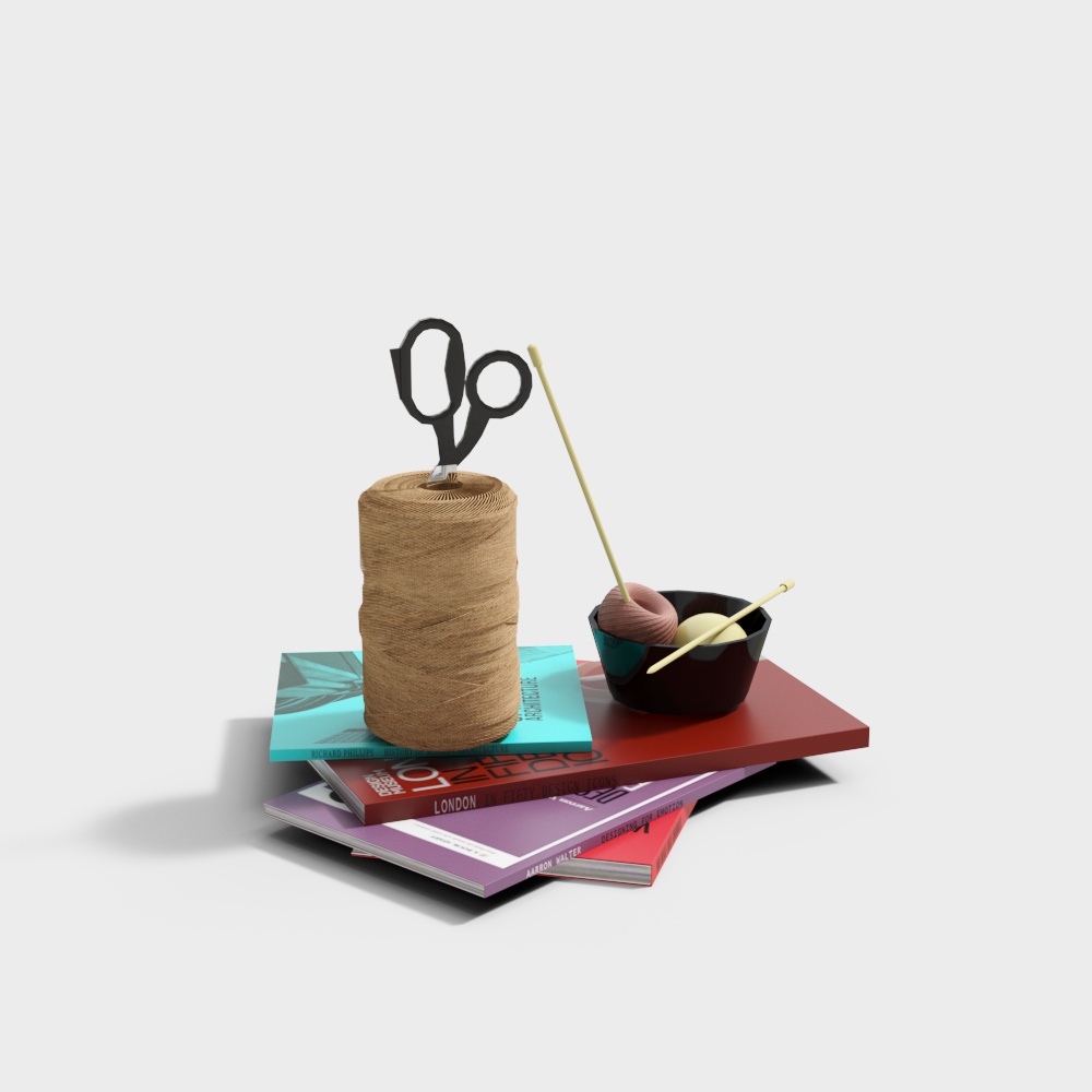 Ornaments with needles and threads, books