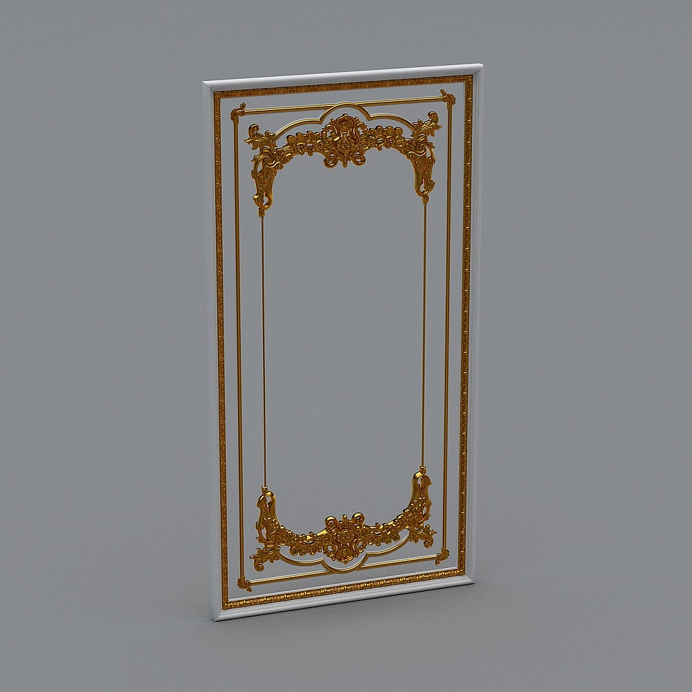 White wall panel with ornate gold trim and decorative details on grey background