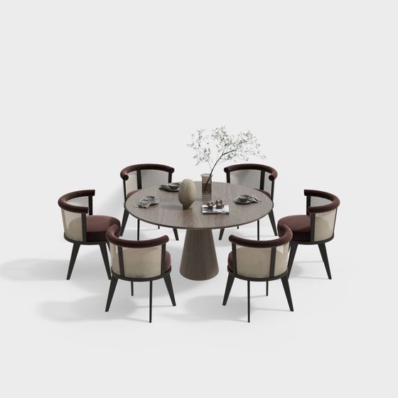Elegant Round Table with Six Chairs 3D model