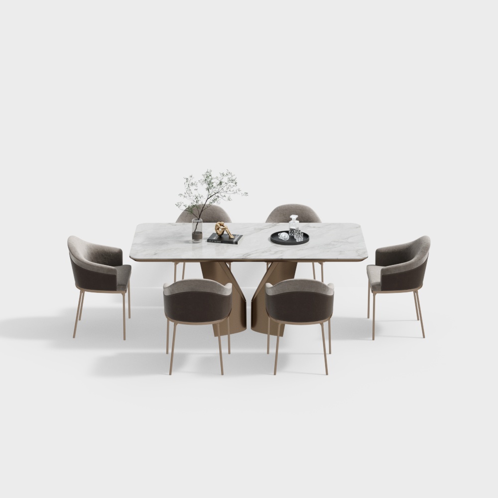 Urban Dining Table Set 3D Model – Marble & Velvet Chairs