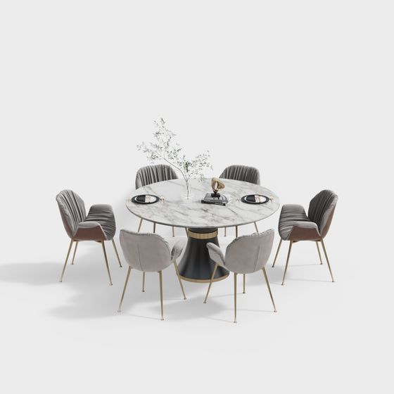 Elegant Round Table and Velvet Chairs Set 3D model