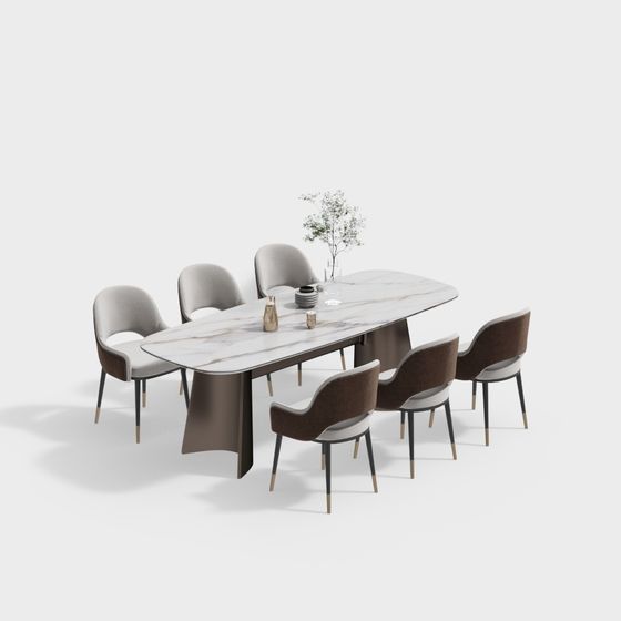 Marble Dining Table and Leather Chair Set 3D model