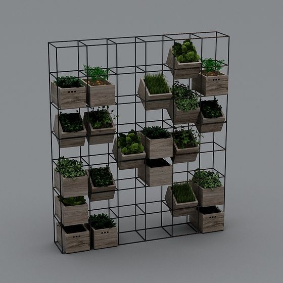 Black metal grid wall shelf with wooden planters and green plants on grey background