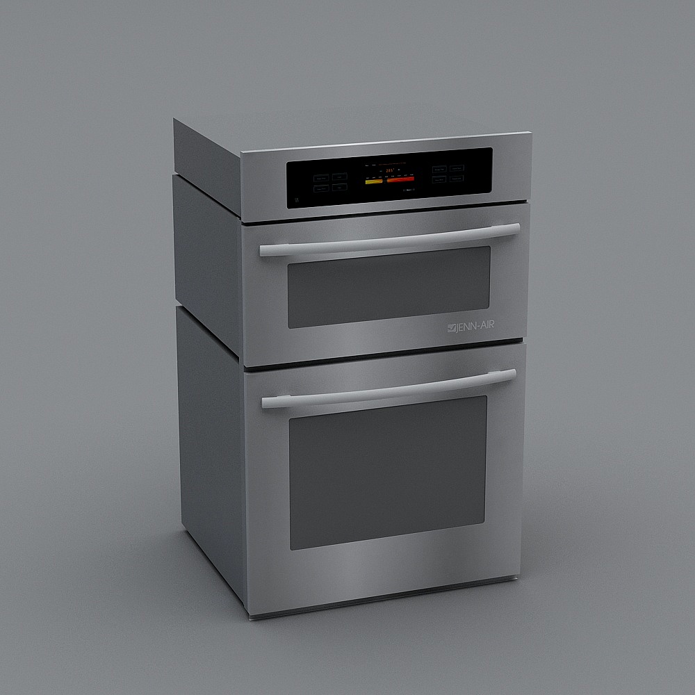Modern silver stainless steel double wall oven with digital display and white handles on grey background
