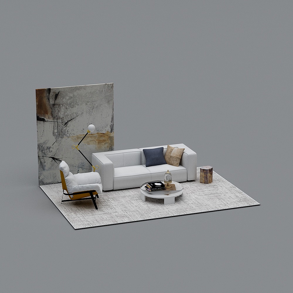 Modern white sofa set with yellow armchair and round table on grey background