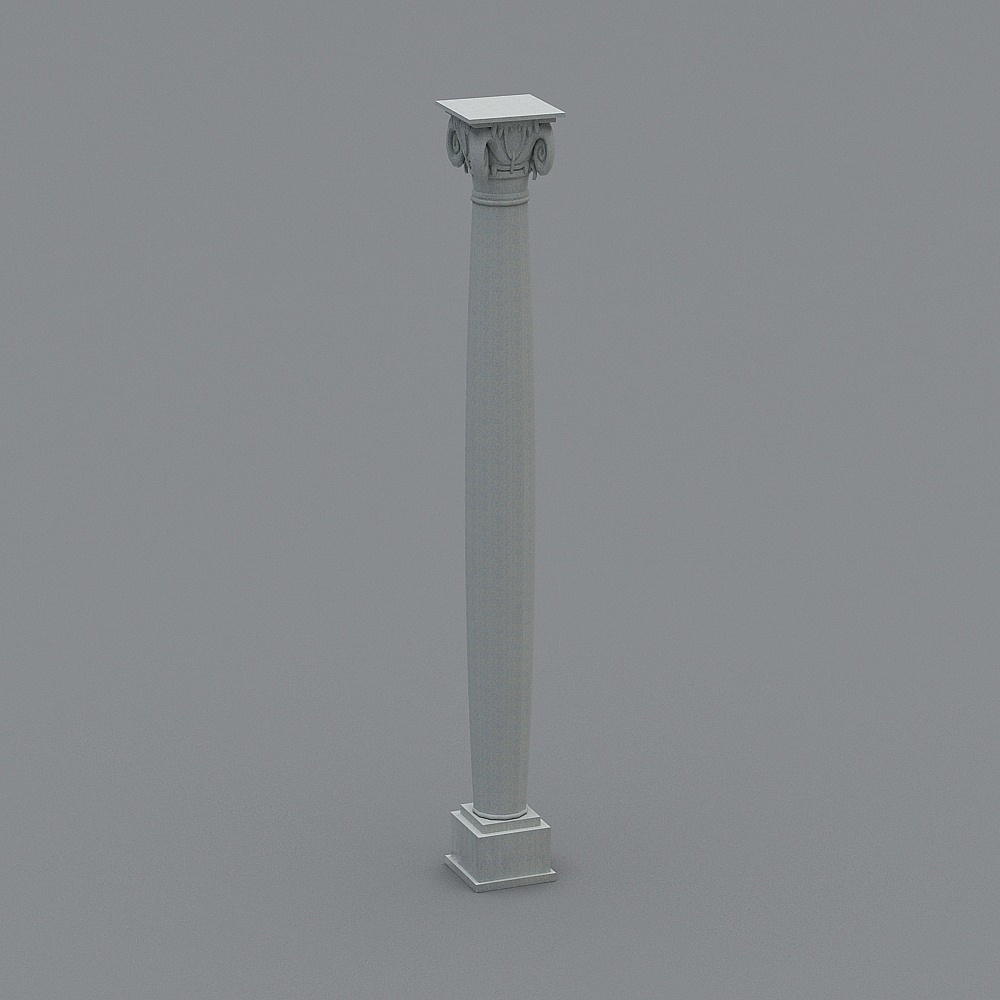 Classical white stone column with decorative top and square base on grey background