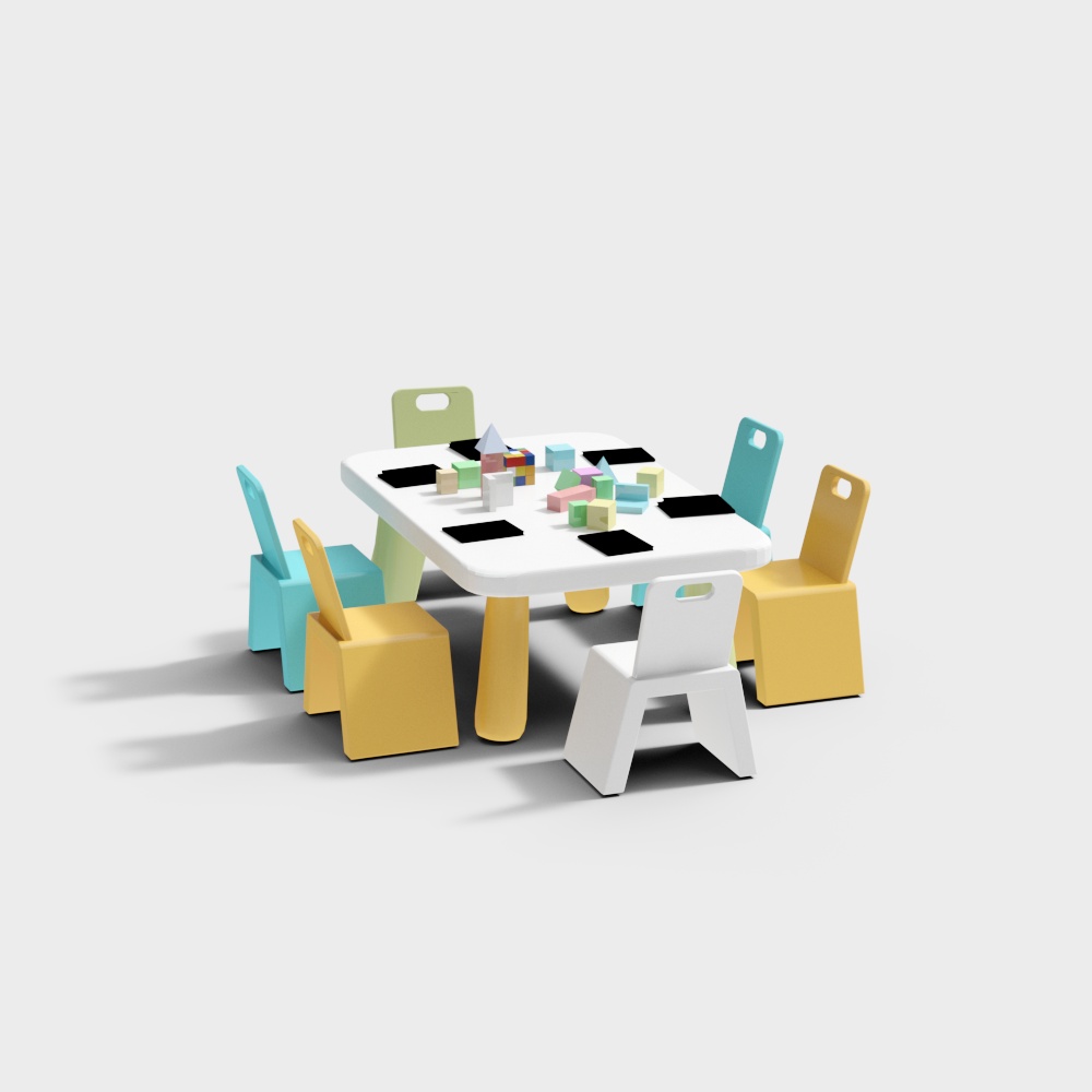 Modern white square table with colorful plastic chairs and blocks on grey background