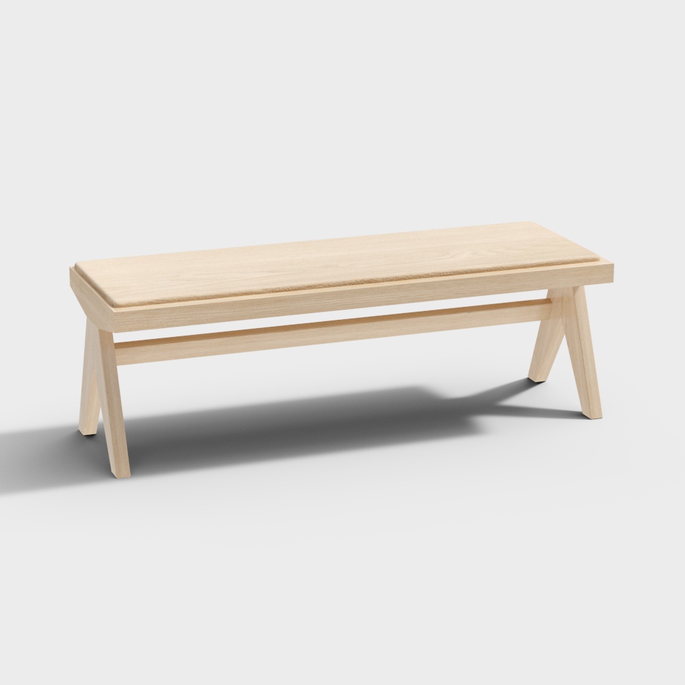 Simple light wood bench with long seat and angled legs on grey background