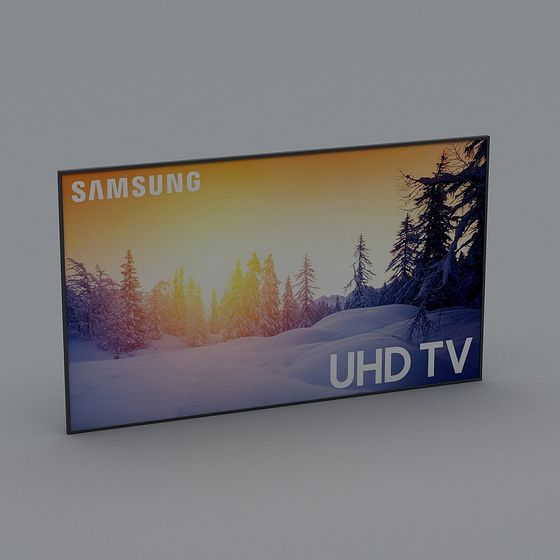 Samsung UHD TV with thin black frame showing snowy forest scene on grey background