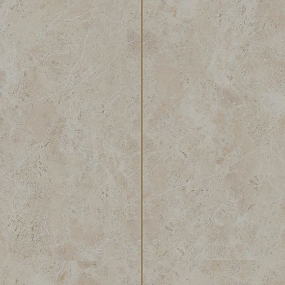 Beige marble tile with white veins and gold grout line on beige background