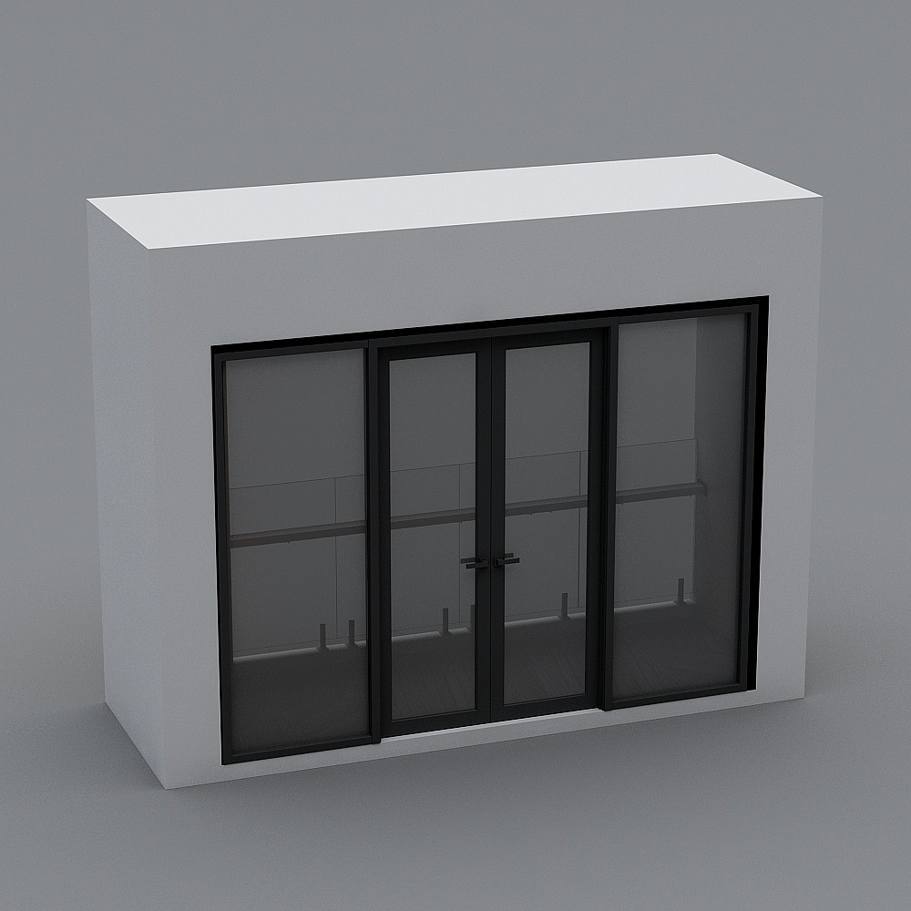 Modern white cabinet with black glass doors and interior shelves on grey background